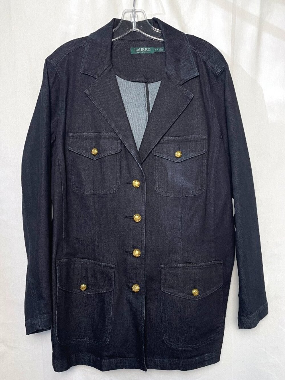 LAUREN Ralph Lauren Denim Safari Utility Field Jacket Blazer Gold Crest Buttons